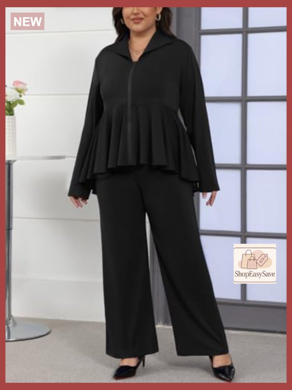 Two Piece Long Sleeve Zip Up Peplum Jacket Wide Leg Pant Suit Set Dressy - Picture 2 of 7